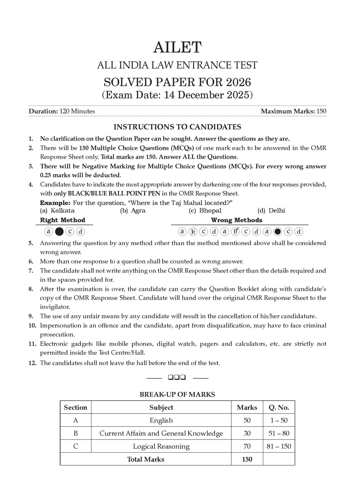 Oswaal CLAT (UG) & AILET | Year-wise | 10 Previous Solved Papers | (2021-2026) | For 2027 Admission Test