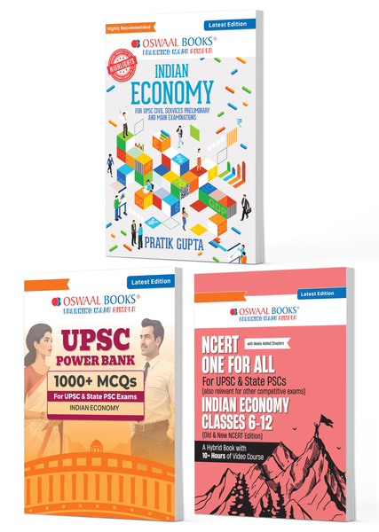 UPSC Indian Economy Exam Pack 2026 (Set of 3 Books) |  Indian Economy Guide + Power Bank 1000+ MCQs + NCERT One For All (History Class 6 - 12) | PYQs, 1500+ Practice Qs, Mind Maps, Smart Summaries & Exam Readiness