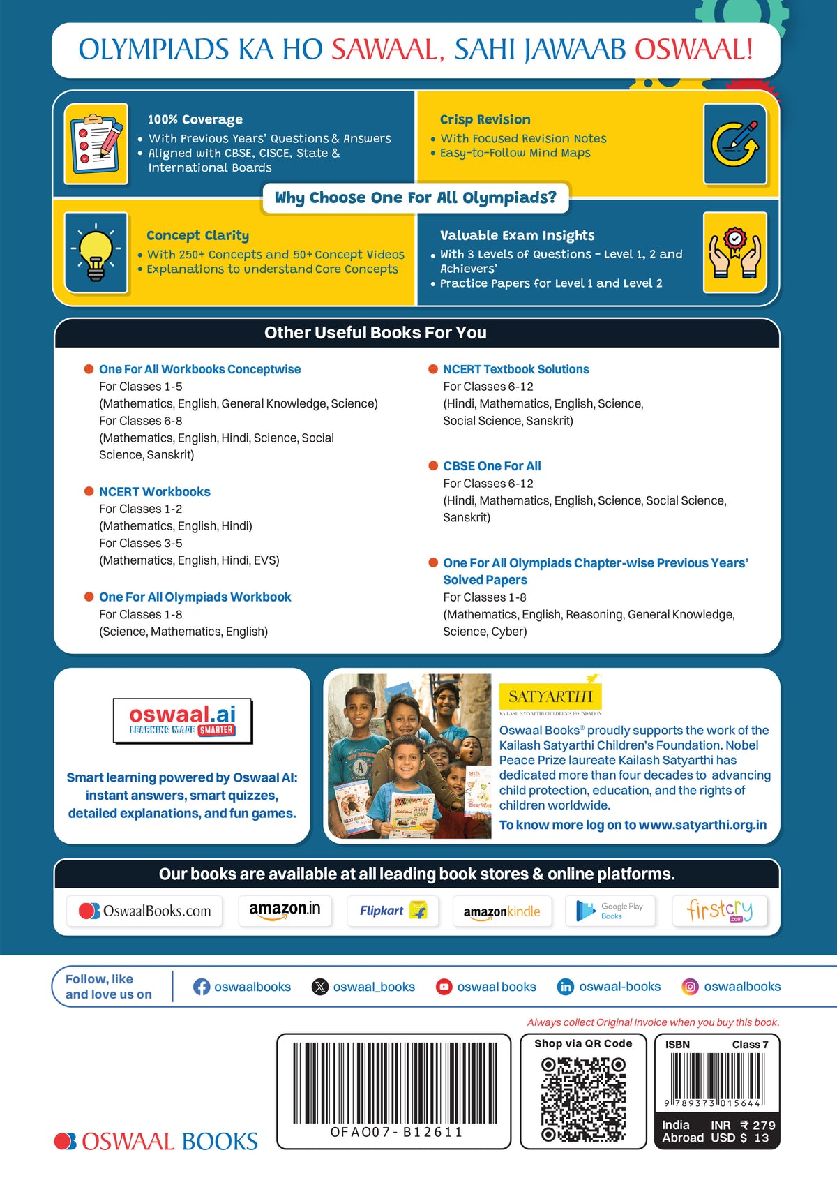 Oswaal One For All Olympiads Class 7 Maths Prep-Guide Book | Chapter-wise Previous Years' Solved Papers | Questions for SOF IMO & Other Olympiad Exams 2026 | With Sample Practice Papers & Oswaal.AI