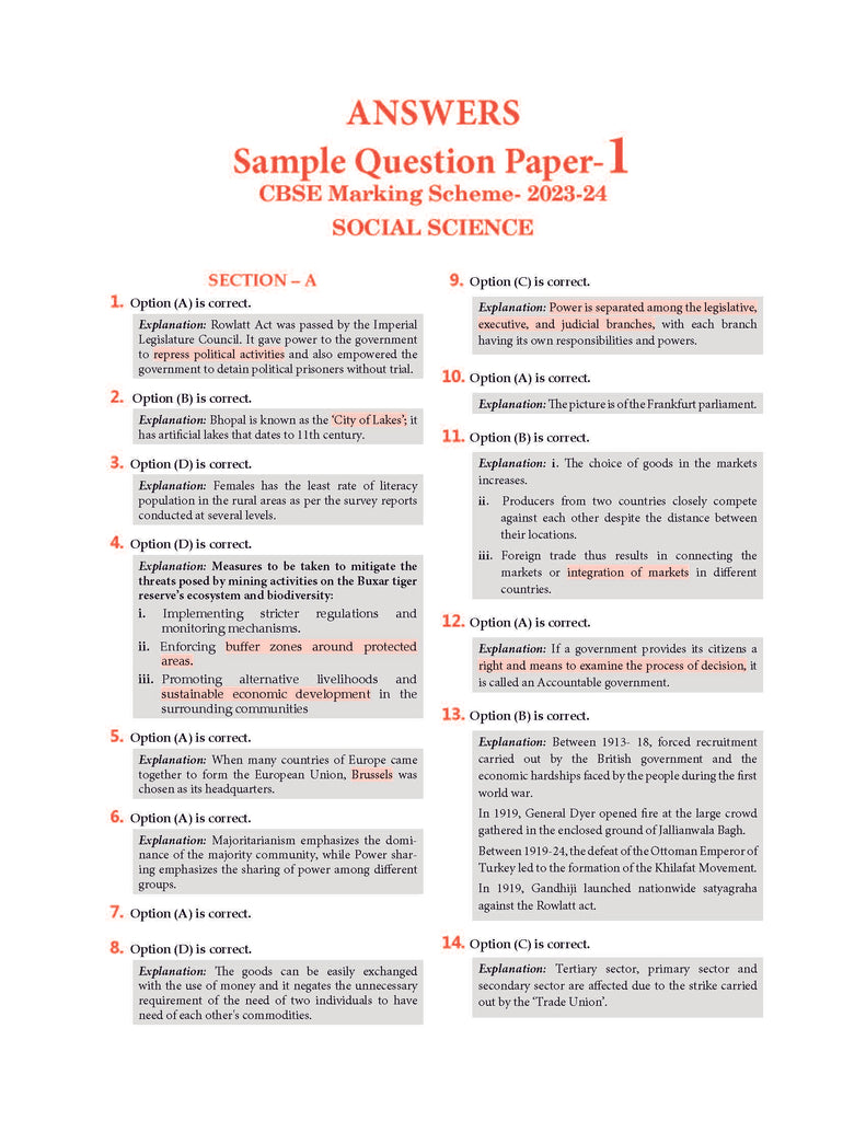 CBSE Sample Question Papers Class 10 Social Science Book (For Board Exams 2024) | 2023-24