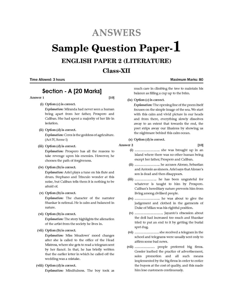 ISC 10 Sample Question Papers Class 12 English-2 For 2024 Board Exams (Based On The Latest CISCE/ ISC Specimen Paper)
