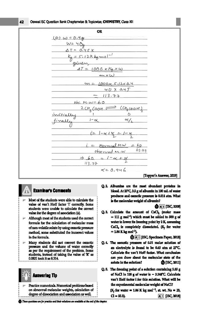 ISC Question Bank Class 12 Chemistry Book (2024 Exam) TRUE