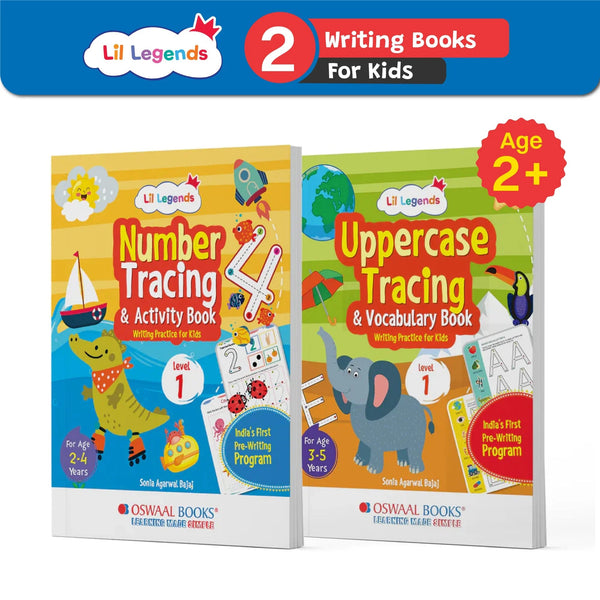Lil Legends Writing Practice Boxset (Set of 2 Books) Number Tracing & Activity Book; Uppercase Tracing & Vocabulary Book For Kids, Level-1 | 2 To 5 Year Old