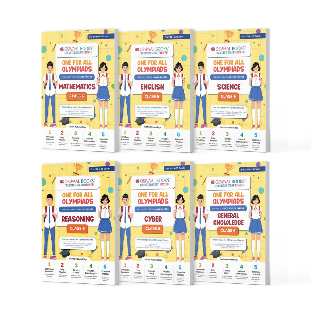 One For All Olympiad Previous Years' Solved Papers Class 6 (Set of 6 Books) Maths, English, Science, Reasoning, Cyber & General Knowledge (For 2024-25 Exam) Oswaal Books and Learning Private Limited