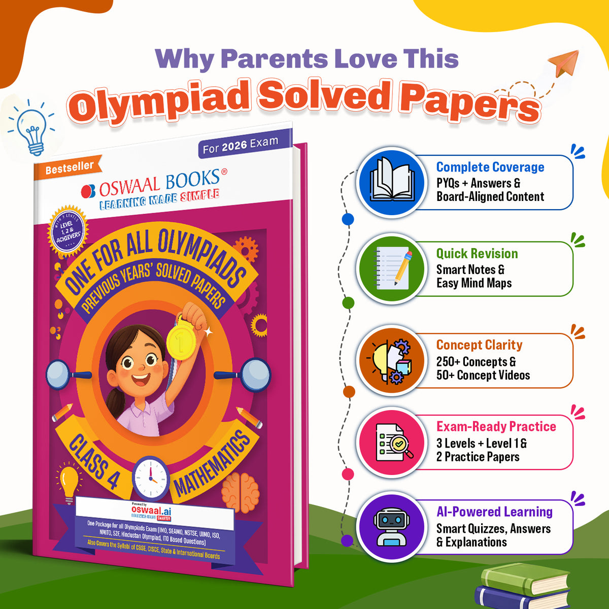 One For All Olympiads Class 4 Maths Prep-Guide Book | Chapter-wise Previous Years' Solved Papers | Questions for SOF IMO & Other Olympiad Exams 2026 | With Sample Practice Papers & Oswaal.AI