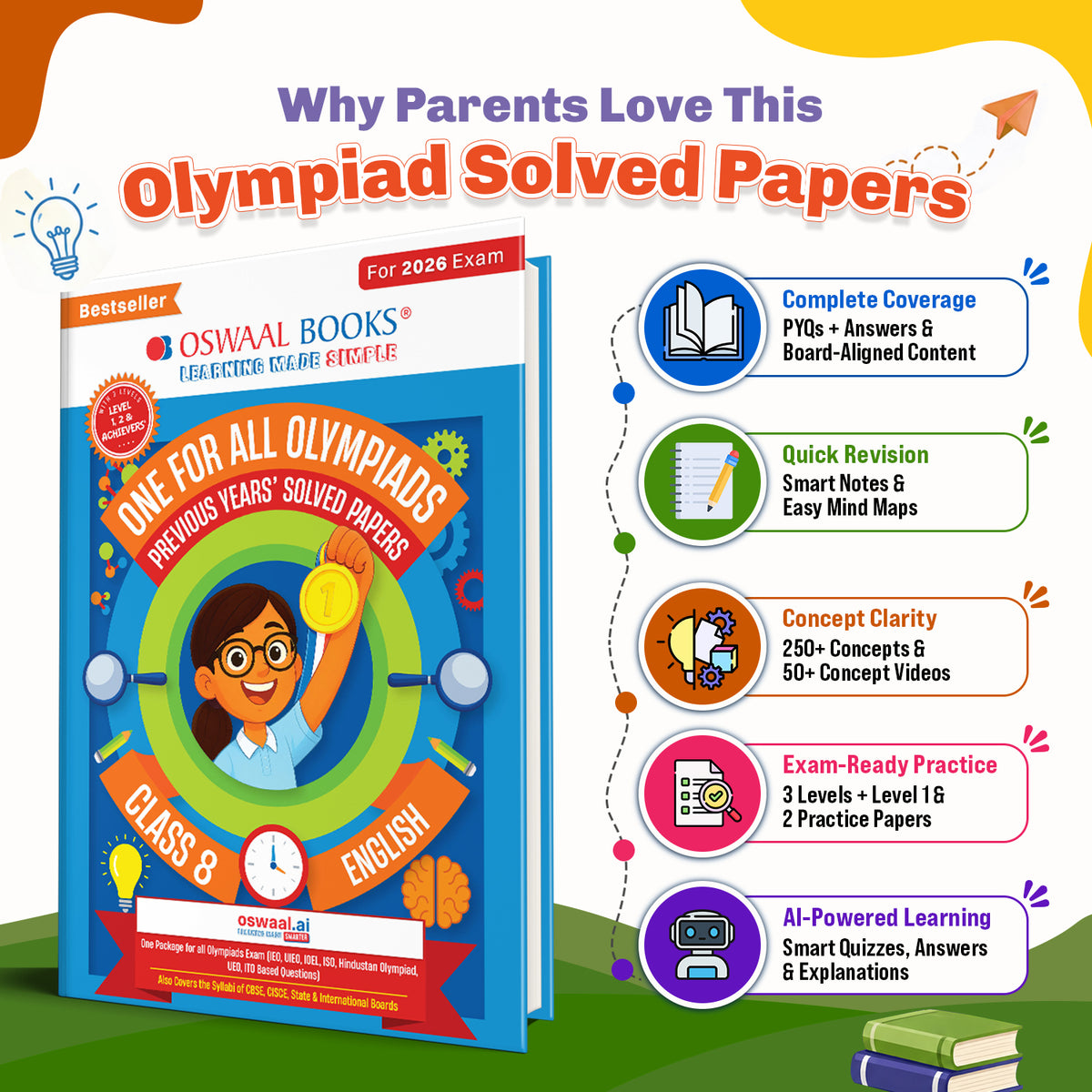 Oswaal One For All Olympiads Class 8 English Prep-Guide Book | Chapter-wise Previous Years' Solved Papers | Questions for SOF IEO & Other Olympiad Exams 2026 | With Sample Practice Papers & Oswaal.AI