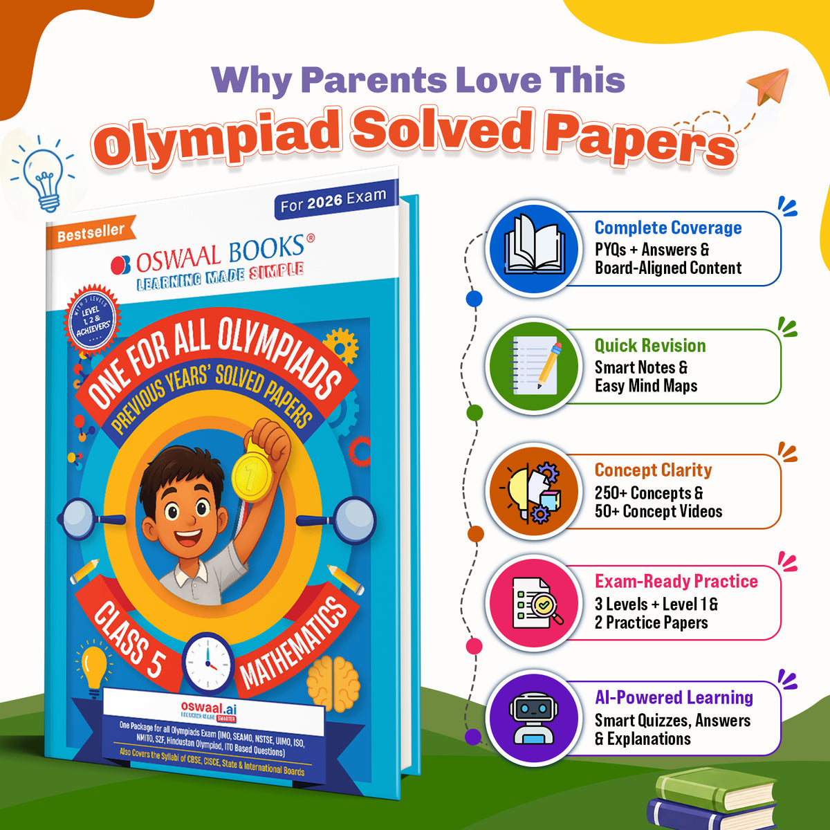 One For All Olympiads Class 5 Maths Prep-Guide Book | Chapter-wise Previous Years' Solved Papers | Questions for SOF IMO & Other Olympiad Exams 2026 | With Sample Practice Papers & Oswaal.AI