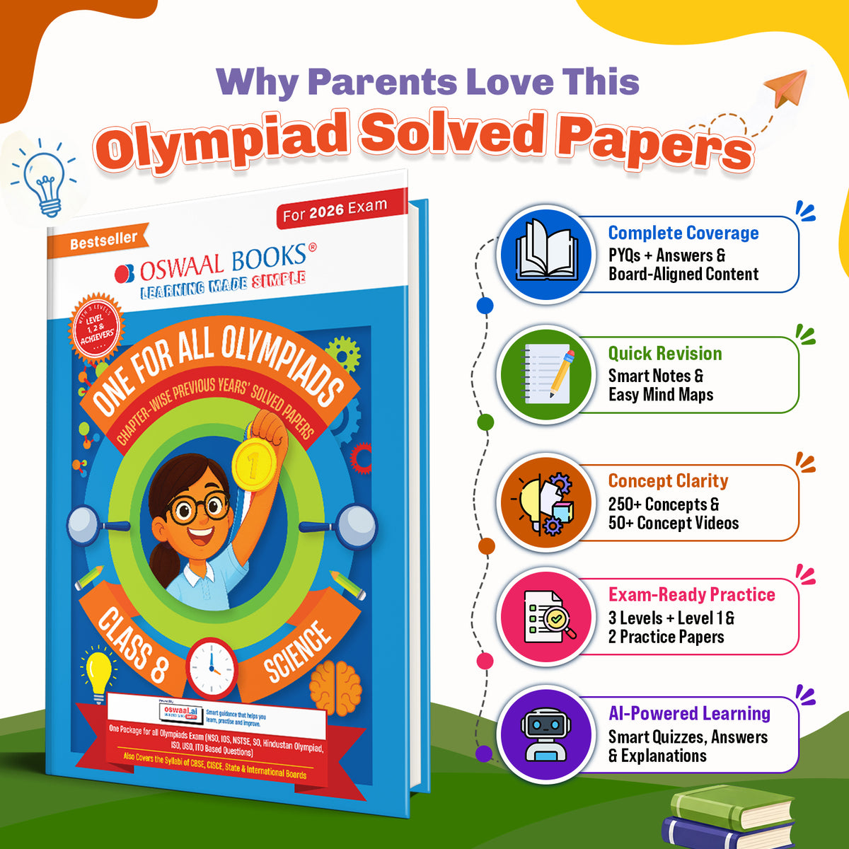 One For All Olympiads Class 8 Science Prep-Guide Book | Chapter-wise Previous Years' Solved Papers | Questions for SOF NSO & Other Olympiad Exams 2026 | With Sample Practice Papers & Oswaal.AI