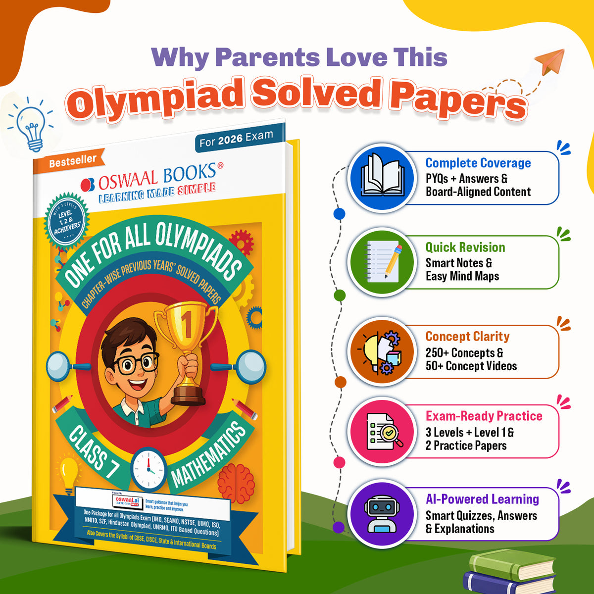 Oswaal One For All Olympiads Class 7 Maths Prep-Guide Book | Chapter-wise Previous Years' Solved Papers | Questions for SOF IMO & Other Olympiad Exams 2026 | With Sample Practice Papers & Oswaal.AI