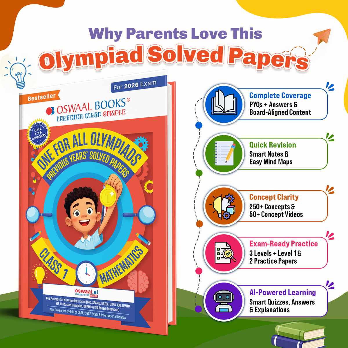 One For All Olympiads Class 1 Maths Prep-Guide Book | Chapter-wise Previous Years' Solved Papers | Questions for SOF IMO & Other Olympiad Exams 2026 | With Sample Practice Papers & Oswaal.AI