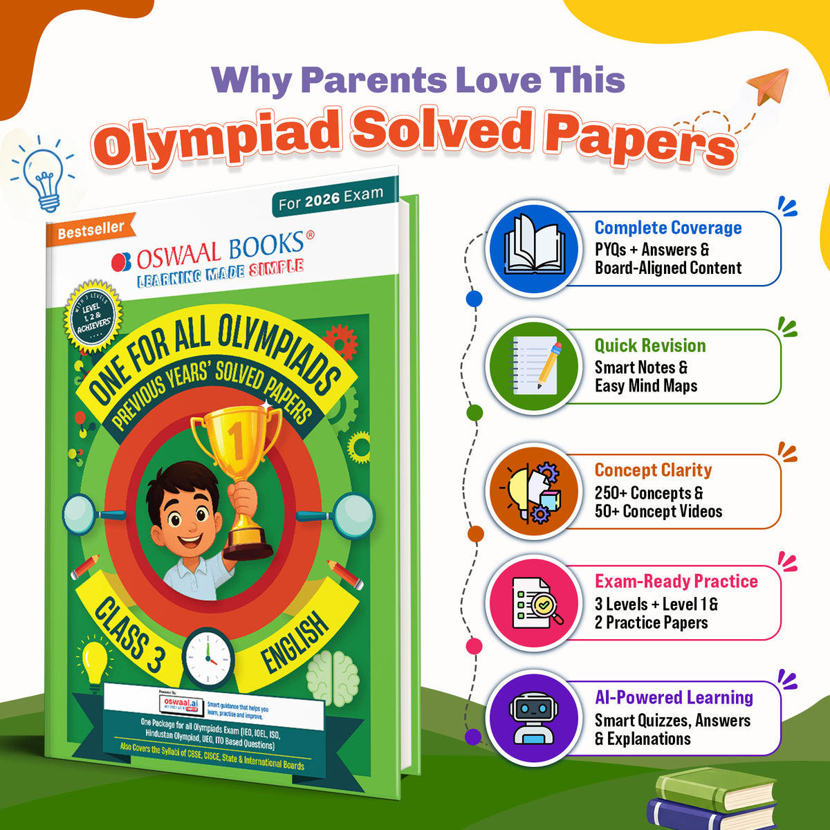 Oswaal One For All Olympiads Class 3 English Prep-Guide Book | Chapter-wise Previous Years' Solved Papers | Questions for SOF IEO & Other Olympiad Exams 2026 | With Sample Practice Papers & Oswaal.AI