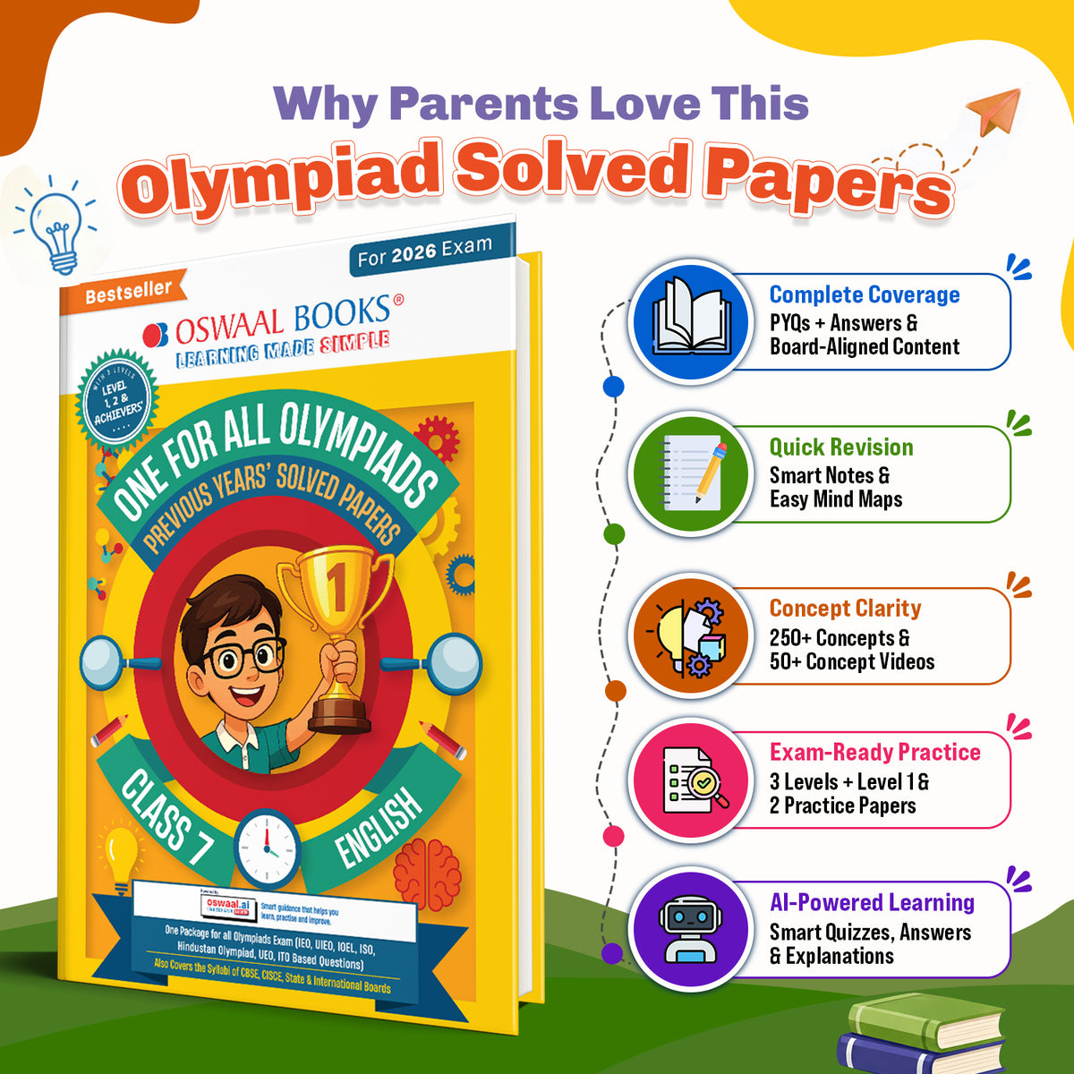 Oswaal One For All Olympiads Class 7 English Prep-Guide Book | Chapter-wise Previous Years' Solved Papers | Questions for SOF IEO & Other Olympiad Exams 2026 | With Sample Practice Papers & Oswaal.AI