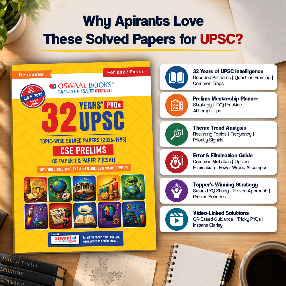32 Years UPSC CSE Prelims Topic-wise Solved Papers 2026-1995 | Paper 1 & 2 | Exam Intelligence | Smart Revision | Video-Linked Solutions | 2027 Exam