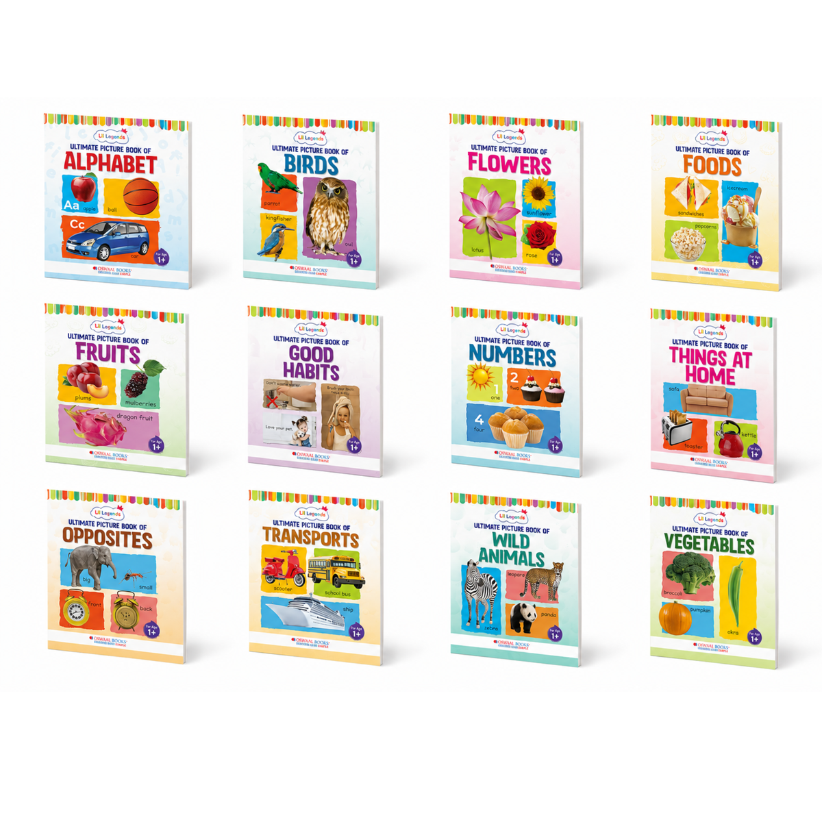 Lil Legends Set of 12 Picture Books - Early Learning Collection for Kids Age 1+ Years | Alphabet, Numbers, Birds, Flowers, Foods, Fruits, Vegetables, Wild Animals, Good Habits & Many More