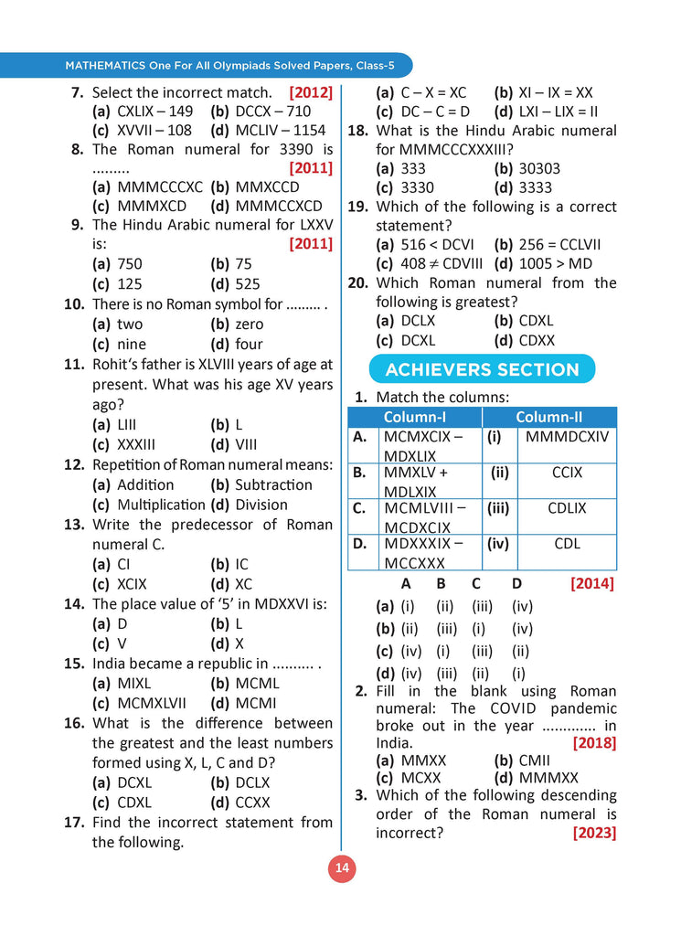 One for All Olympiads Previous Year Solved Papers Class 5 Mathematics For 2025 Exam