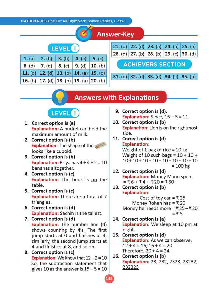 One for All Olympiads Previous Year Solved Papers Class 1 Mathematics For 2025 Exam