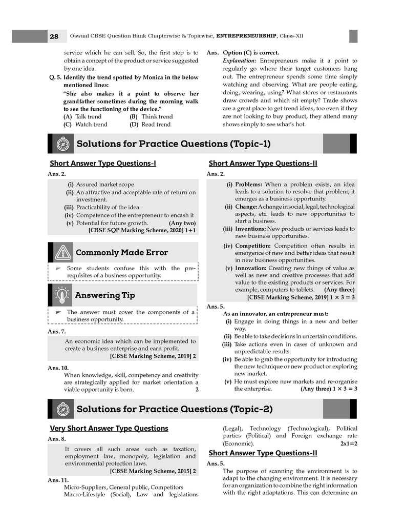 CBSE Question Bank Chapterwise and Topicwise SOLVED PAPERS Class 12 Entrepreneurship For Exam 2026