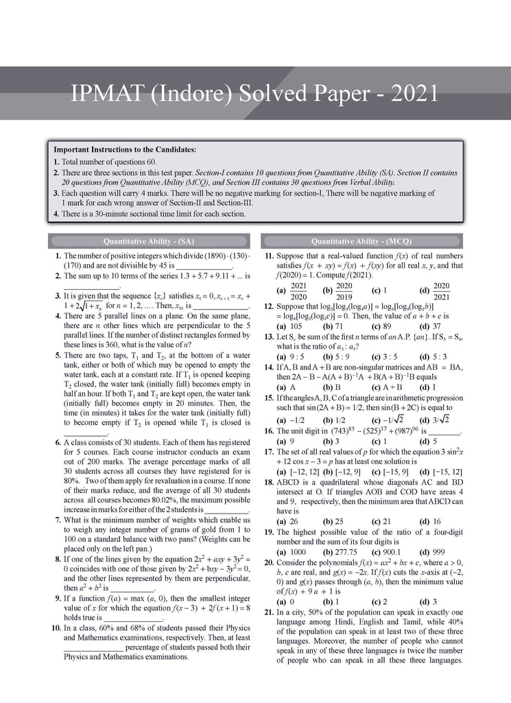 IPMAT - 15 Solved Papers Previous Years | Year-wise (2019 -2024) For IIM Indore, Rohtak & Jammu 2025 Exam