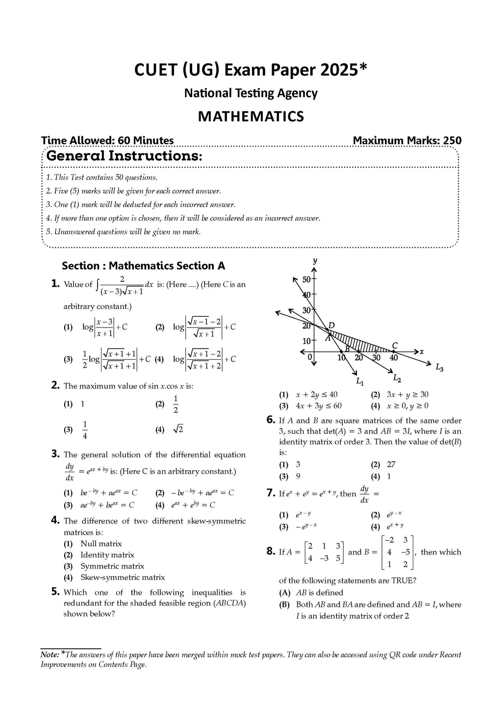 NTA CUET (UG) 10 Mock Test Papers Mathematics | For 2026 Exam - Buy Now ...