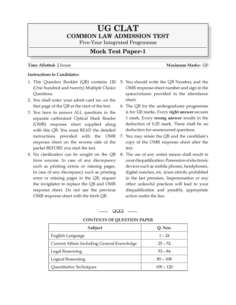 CLAT (UG) (COMMON LAW ADMISSION TEST) | 10 Mock Test Papers | For 2026 Admission Test