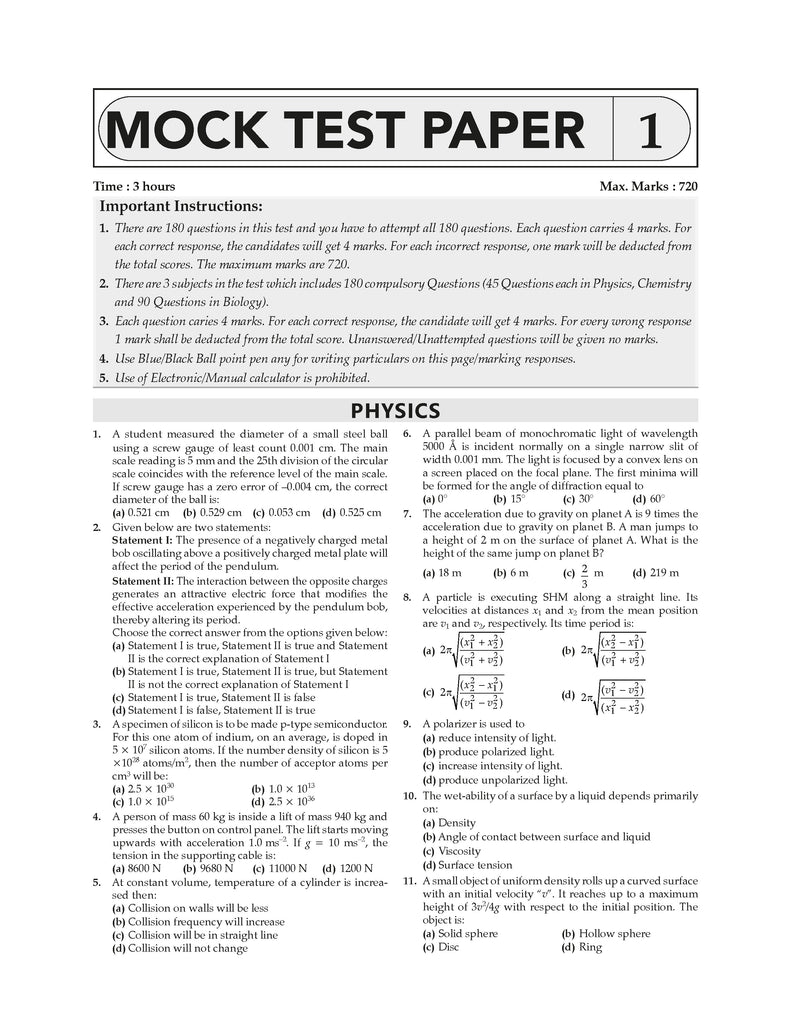 NEET (UG) 10 Mock Test Papers Based on Latest NTA Pattern | PHYSICS, CHEMISTRY & BIOLOGY| For 2026 Exam