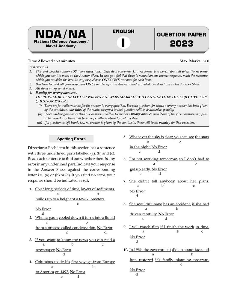 NDA-NA (NATIONAL DEFENCE ACADEMY/NAVAL ACADEMY) 16 Previous Solved Papers| Year-wise 2017-2025 (I) | General Ability Test: English | For 2025 Exam