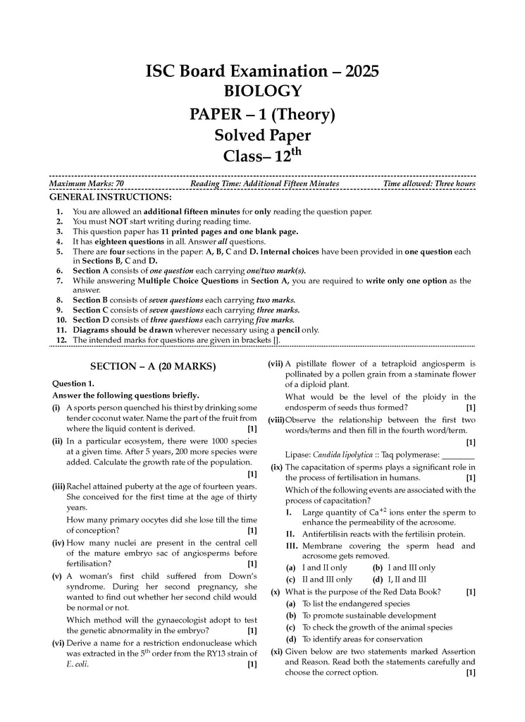 ISC 10 Previous Years' Solved papers year-wise 2015-2025, Class-12, Science:PCB: Physics, Chemistry, Biology, English 1, English 2, Hindi, Computer science (For 2026 Exam)