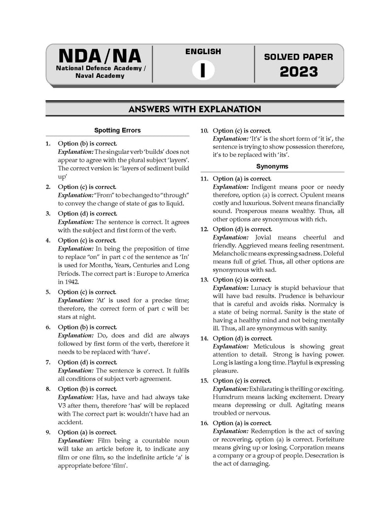 NDA-NA (NATIONAL DEFENCE ACADEMY/NAVAL ACADEMY) 16 Previous Solved Papers| Year-wise 2017-2025 (I) | General Ability Test: English | For 2025 Exam