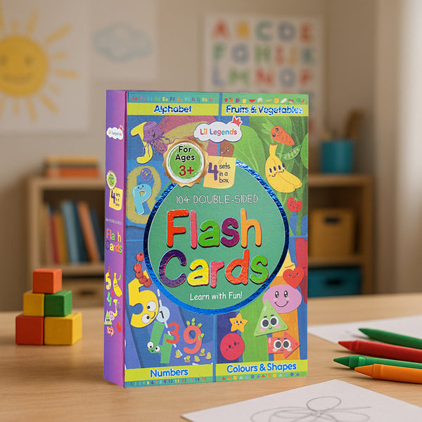Lil Legends Flashcards for Toddlers, A set of four types of Flash Cards - Alphabets, Numbers, Shapes & Colours and Fruits & Vegetables, 2+ age group