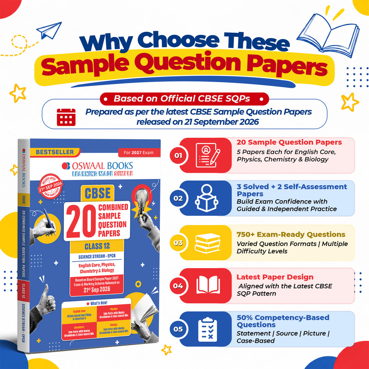 Oswaal CBSE 20 Combined Sample Question Papers Class 12 Board Exam 2027 – English Core, Physics, Chemistry, Biology - New Question Typologies - Oswaal AI