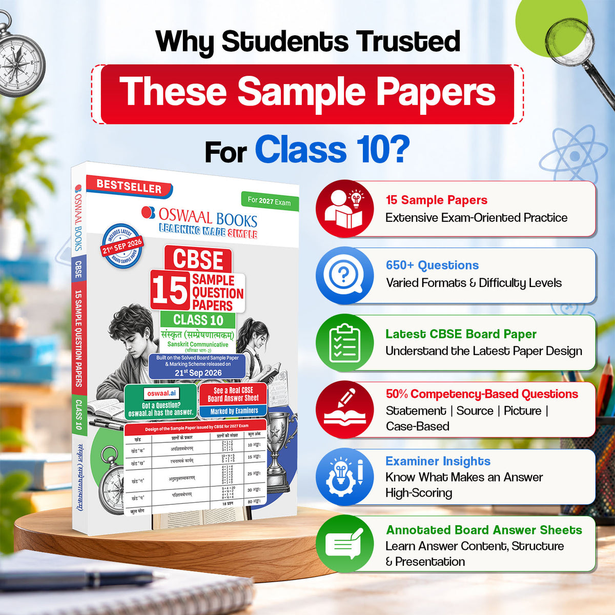 Oswaal CBSE 15 Sample Question Papers Class 10 Board Exam Sanskrit Communicative 2026-27 based on latest CBSE SQP dated (21 Sep 2026) | New Questions Typologies With Oswaal AI