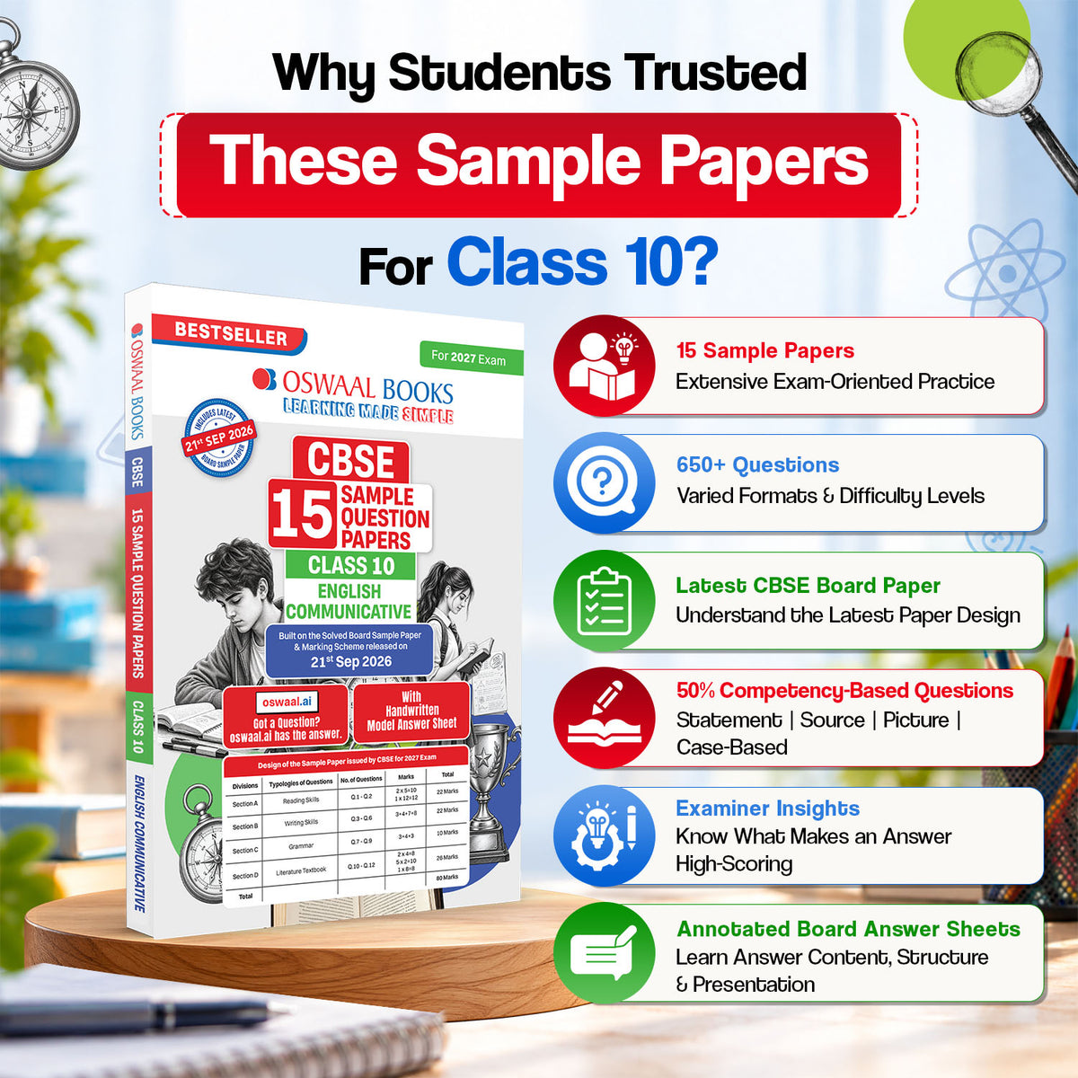 Oswaal CBSE 15 Sample Question Papers Class 10 Board Exam English Communicative 2026-27 based on latest CBSE SQP dated (21 Sep 2026) | New Questions Typologies With Oswaal AI