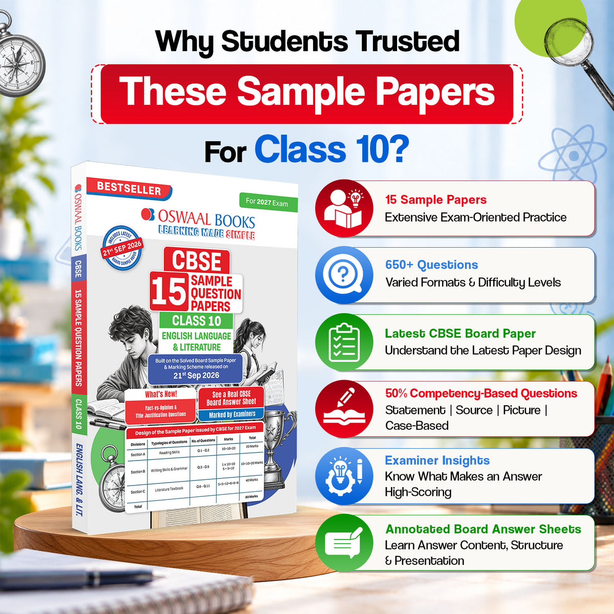 CBSE 15 Sample Question Papers Class 10 Board Exam English, Science, Social Science & Maths Standard (Set of 4 Books) 2026-27 based on latest CBSE SQP dated (21 Sep 2026) | With Oswaal AI