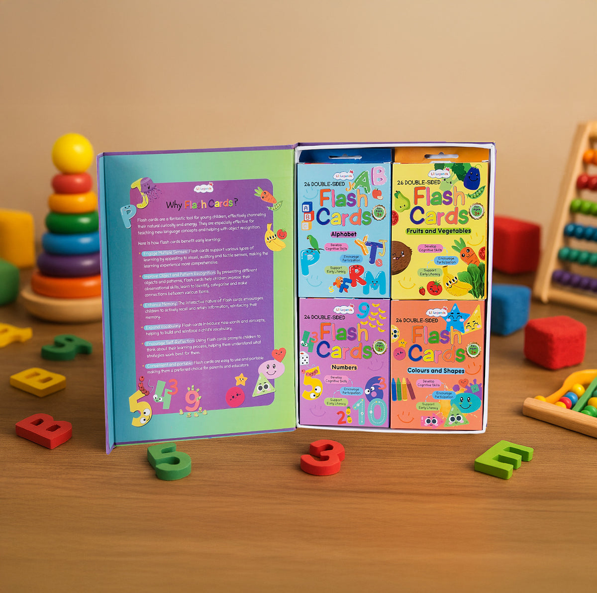 Lil Legends Flashcards for Toddlers, A set of four types of Flash Cards - Alphabets, Numbers, Shapes & Colours and Fruits & Vegetables, 2+ age group - Oswaal Books