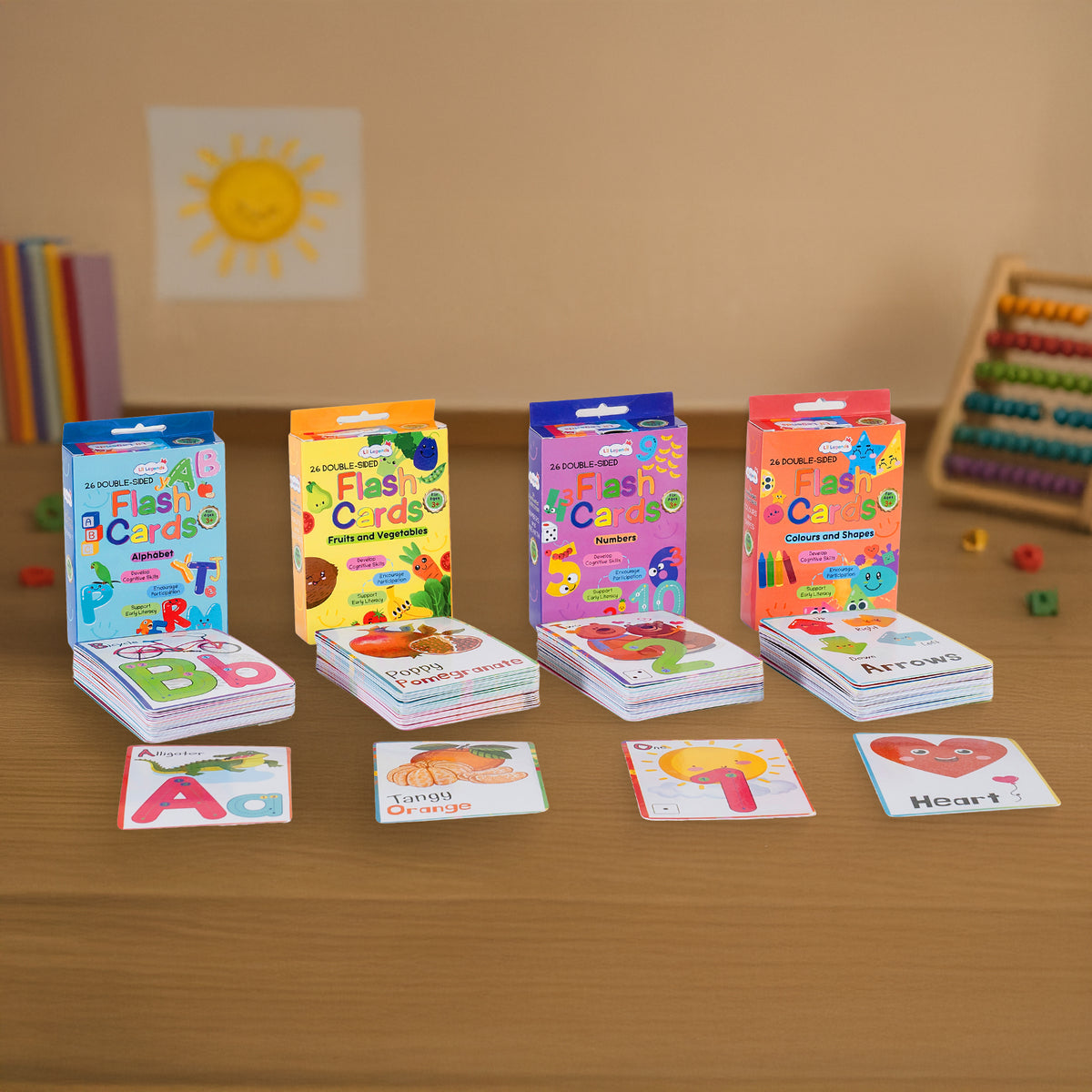 Lil Legends Flashcards for Toddlers, A set of four types of Flash Cards - Alphabets, Numbers, Shapes & Colours and Fruits & Vegetables, 2+ age group - Oswaal Books