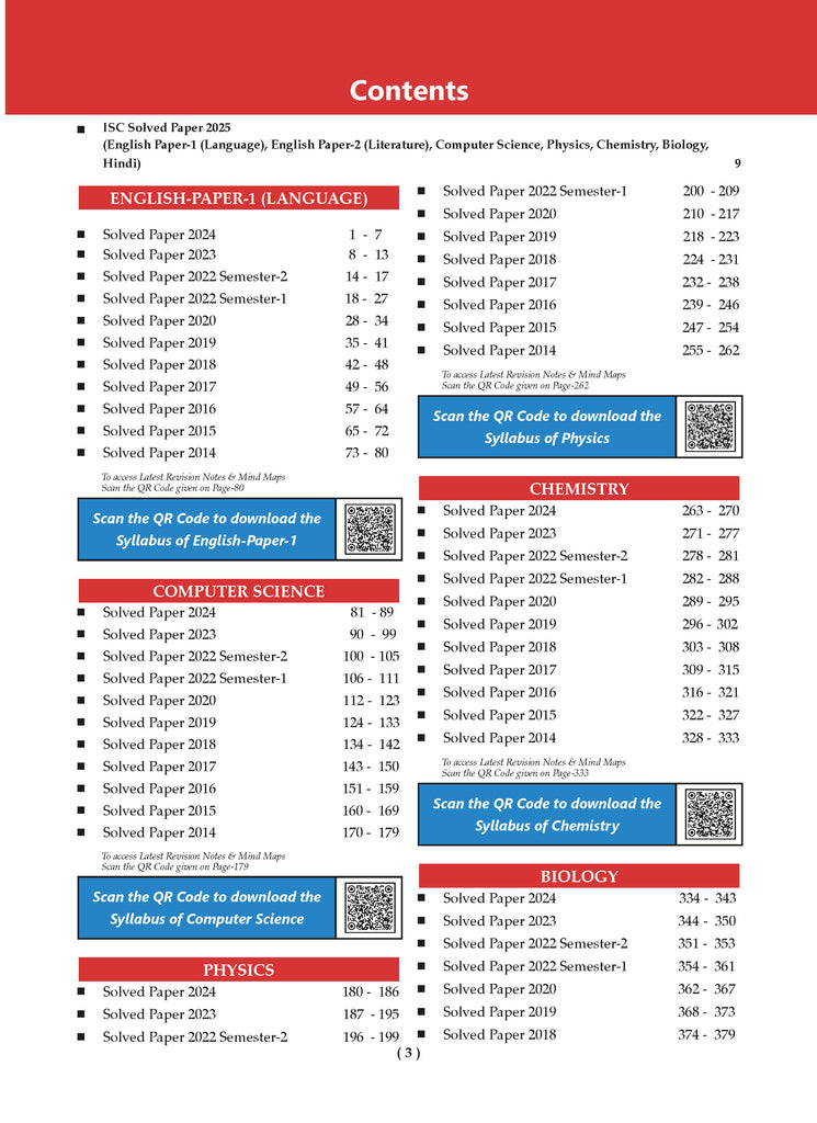 ISC 10 Previous Years' Solved papers year-wise 2015-2025, Class-12, Science:PCB: Physics, Chemistry, Biology, English 1, English 2, Hindi, Computer science (For 2026 Exam)