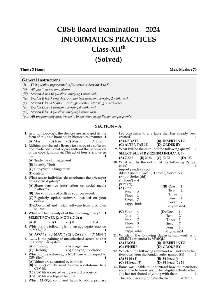 CBSE Sample Question Papers Class 12 Informatics Practices (For 2025 Exam)