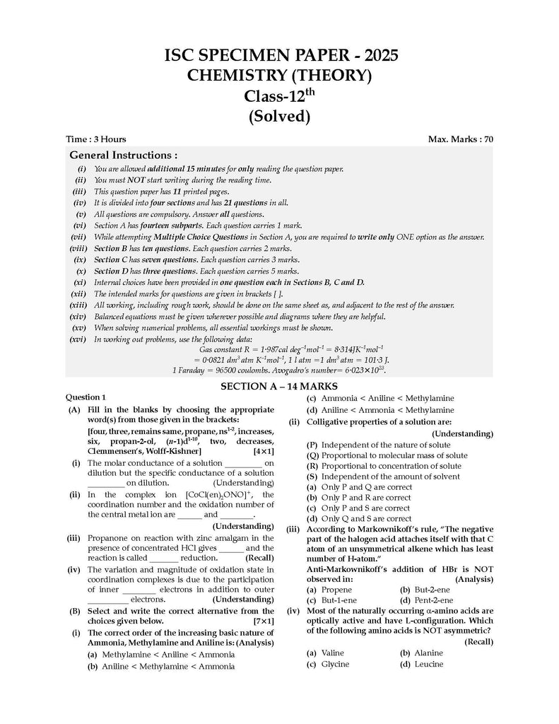 ISC Question Bank Chapter-wise Topic-wise Class 12 Chemistry | For 2025 Board Exams