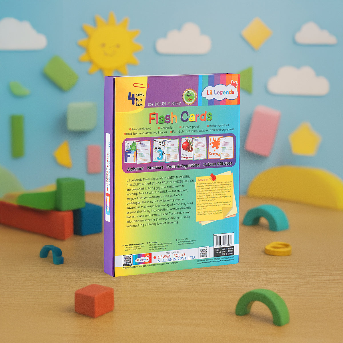 Lil Legends Flashcards for Toddlers, A set of four types of Flash Cards - Alphabets, Numbers, Shapes & Colours and Fruits & Vegetables, 2+ age group - Oswaal Books
