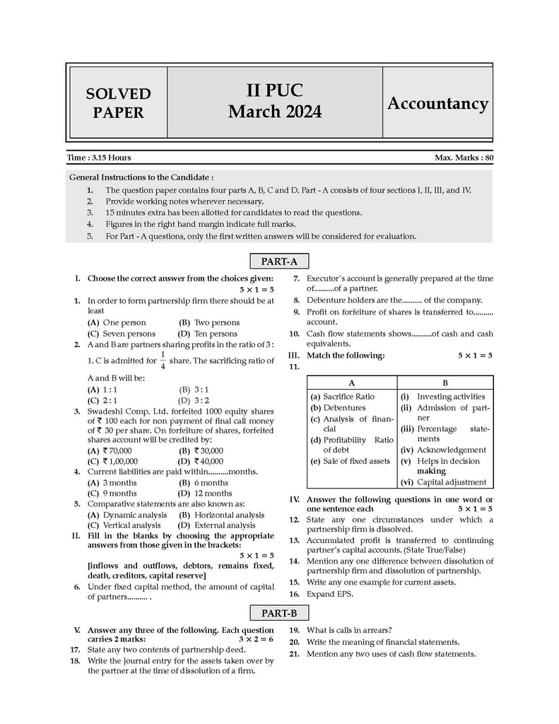 Karnataka 2nd PUC Question Bank Class 12 Accountancy | Chapterwise & Topicwise Previous Solved Papers (2017-2024) | For Board Exams 2025