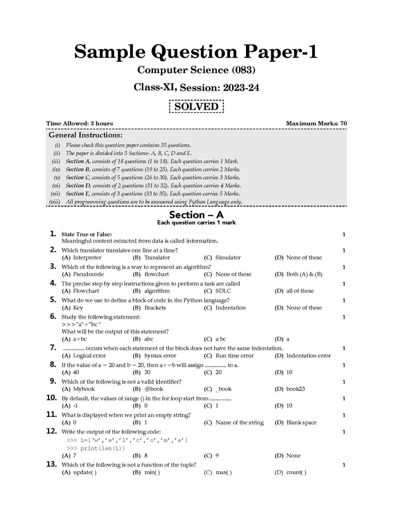 CBSE Sample Question Papers Class 11 Computer Science Book (For 2025 Exam)