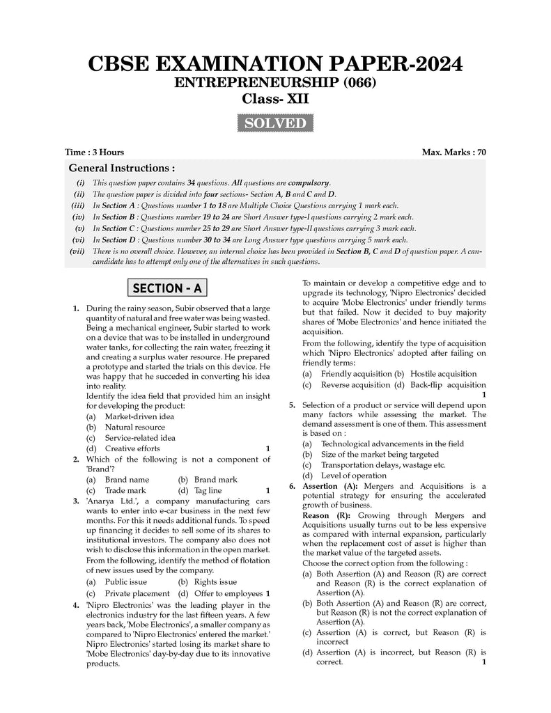 CBSE Question Bank Chapterwise and Topicwise SOLVED PAPERS Class 12 Entrepreneurship For Exam 2026