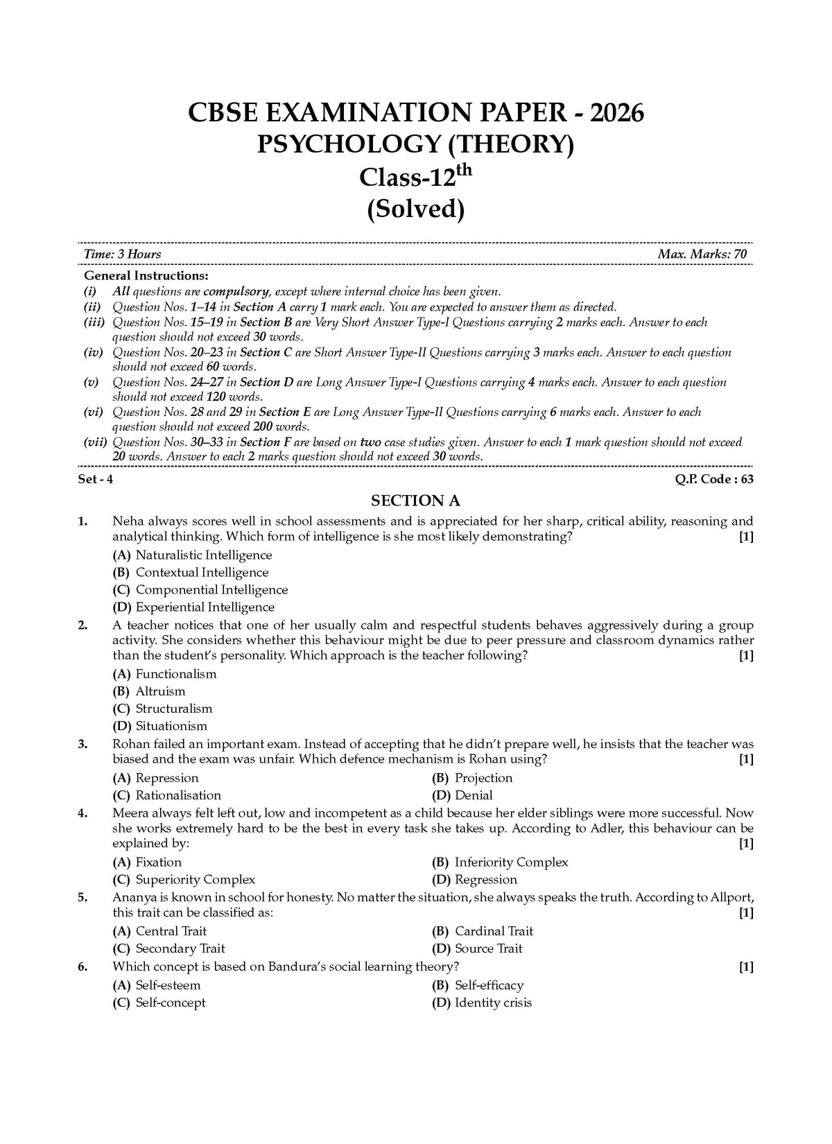 CBSE Class 12 Psychology Question Bank | Chapter & Topic-wise Solved Papers (2017-2026) | Based on Latest Syllabus (April 2026) | Includes 2026 Papers | For 2027 Exam