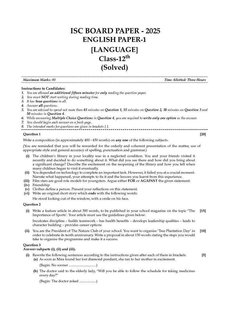 ISC 10 Previous Years' Solved papers year-wise 2015-2025, Class-12, Science:PCB: Physics, Chemistry, Biology, English 1, English 2, Hindi, Computer science (For 2026 Exam)