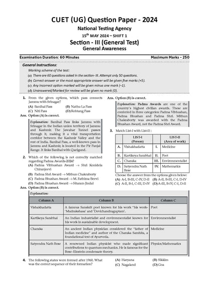 NTA CUET (UG) | Chapter-wise & Topic-wise Question Bank | General Awareness | Section III (Compulsory) Solved Papers (2021-2024)| For 2025 Exam - Oswaal Books