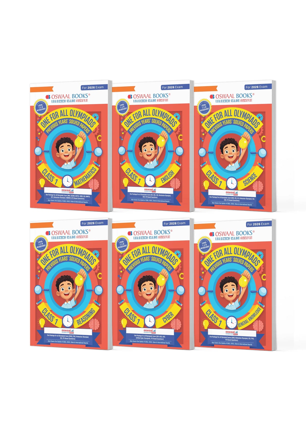 One For All Olympiad Chapter-wise Previous Years' Solved Papers, Prep-Guide Class 1 (Set of 6 Books) Maths, English, Science, Reasoning, Cyber & General Knowledge (For 2026 Exam)