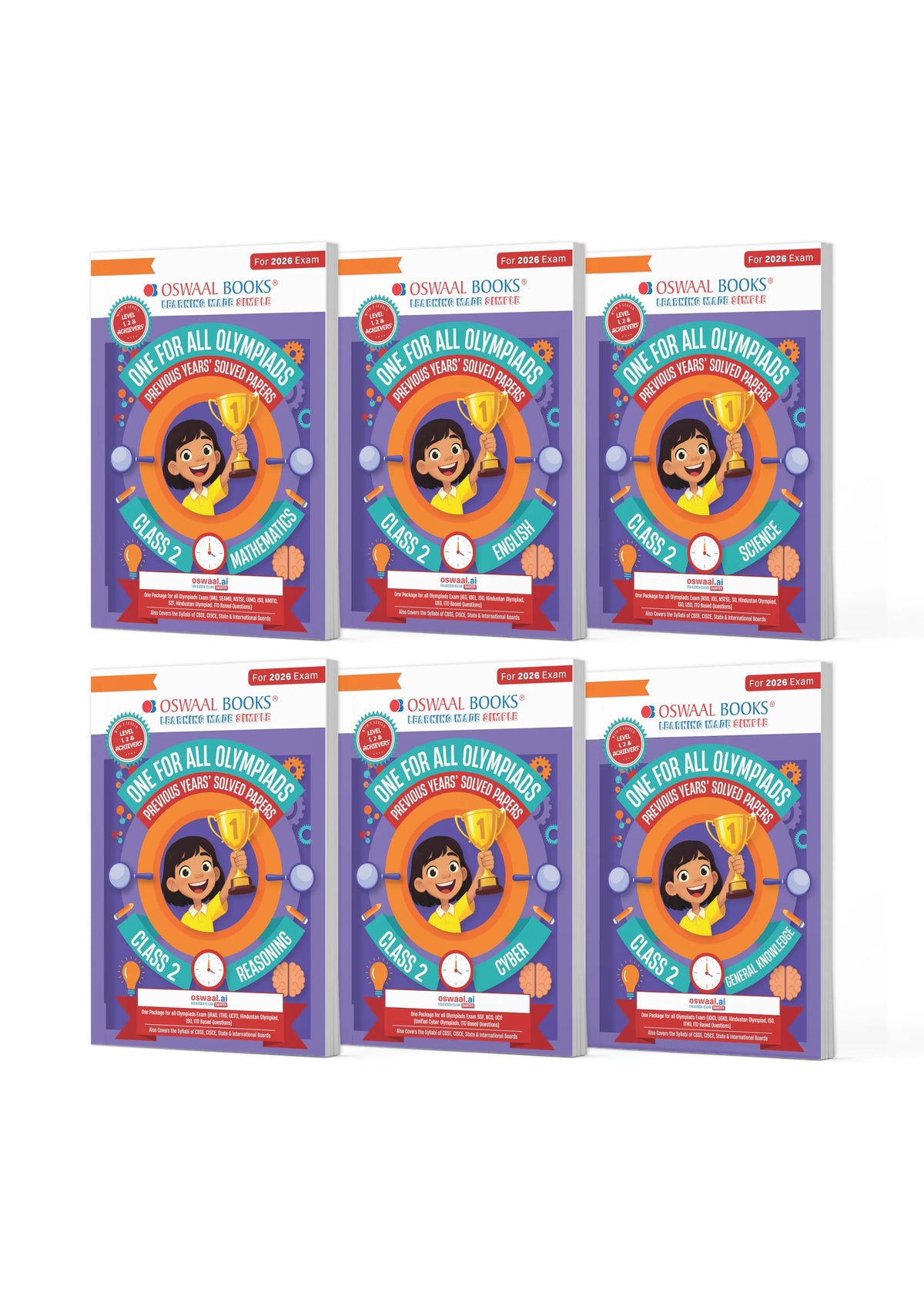 Oswaal One For All Olympiad Chapter-wise Previous Years' Solved Papers, Prep-Guide Class 2 (Set of 6 Books) Maths, English, Science, Reasoning, Cyber & General Knowledge (For 2026 Exam)