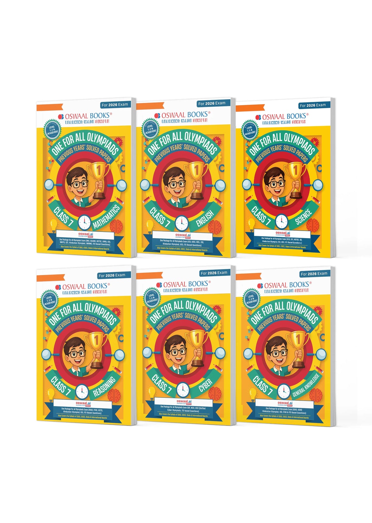 Oswaal One For All Olympiad Chapter-wise Previous Years' Solved Papers, Prep-Guide Class 7 (Set of 6 Books) Maths, English, Science, Reasoning, Cyber & General Knowledge (For 2026 Exam)