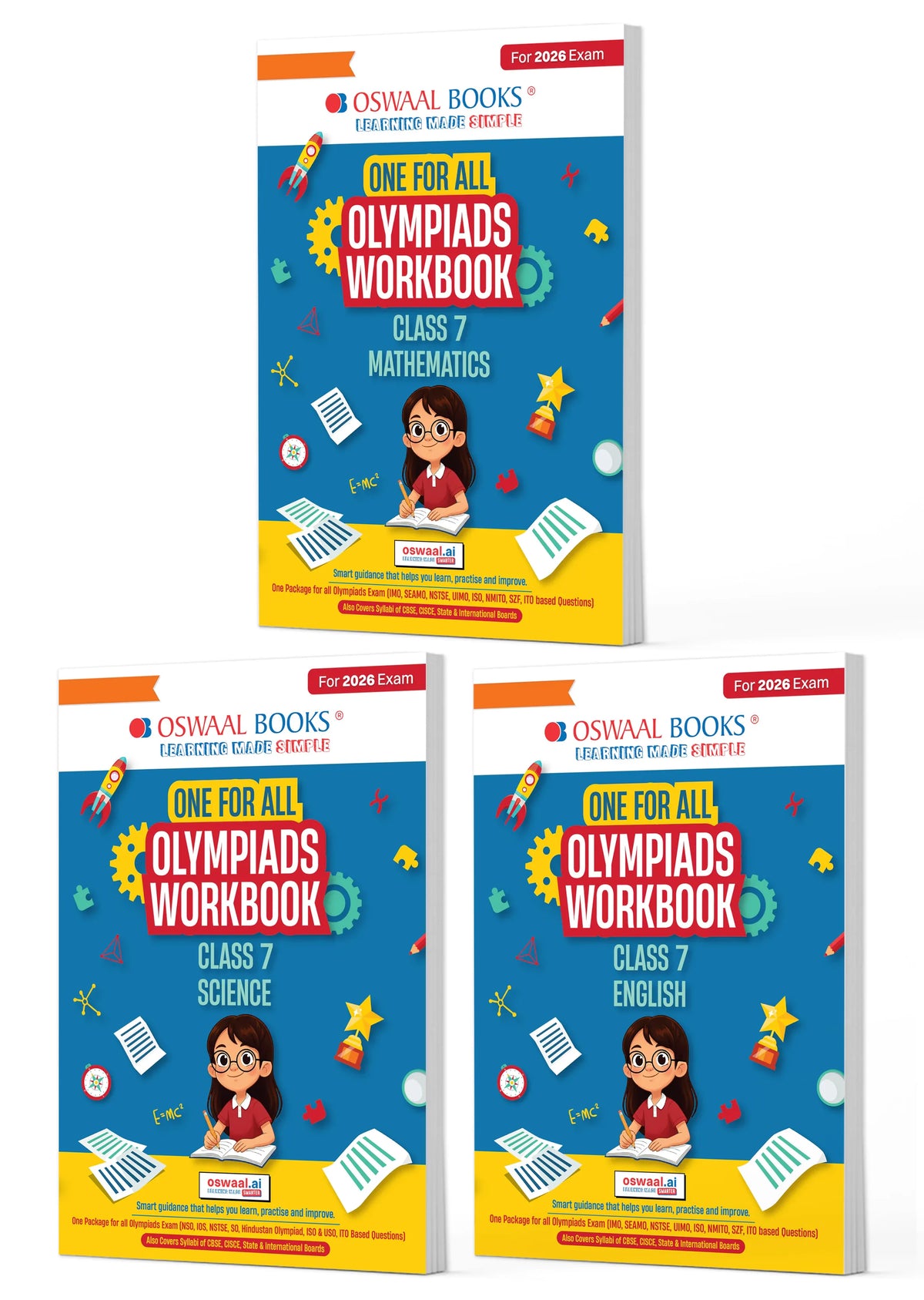 Oswaal One For All Olympiad Workbook Class 7 (Set of 3 Books) Maths, Science & English For 2026 Exam
