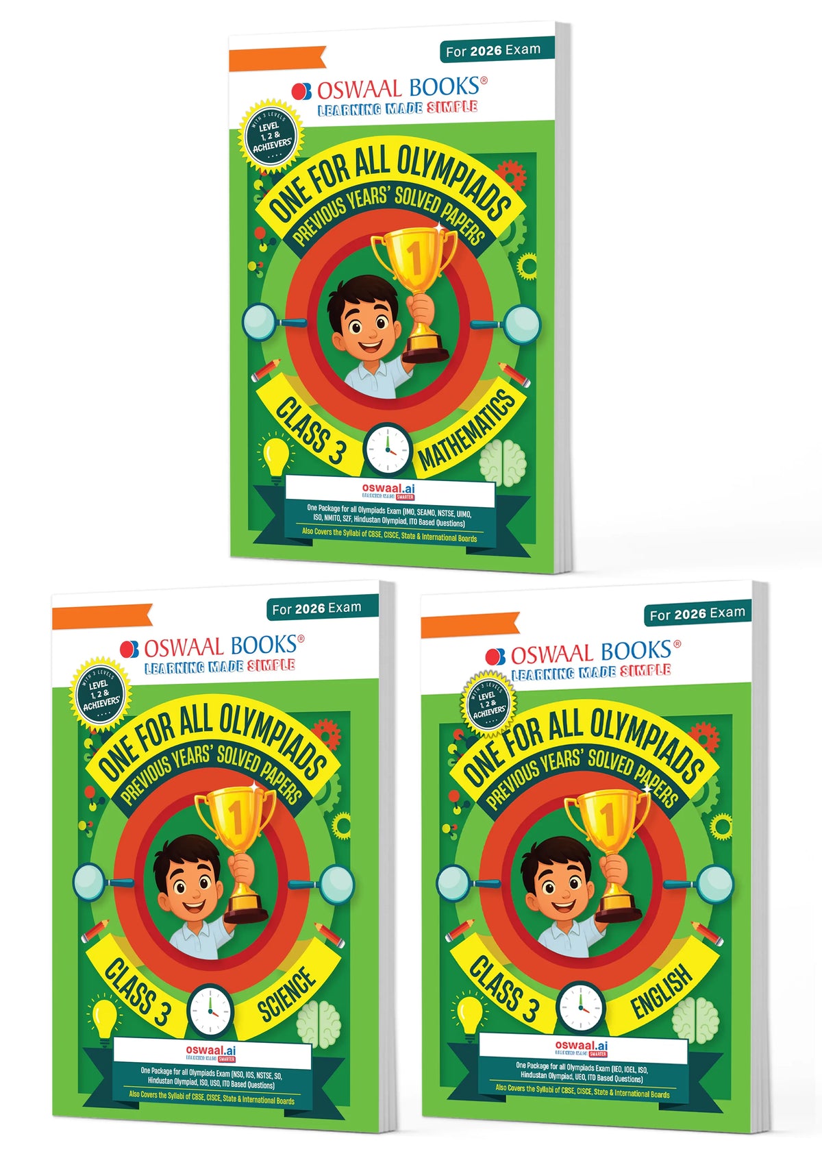 Oswaal One for All Olympiads | Class 3 Maths, Science, English | Chapter-wise Previous Years' Solved Papers | Prep-Guide With Level 1, 2 & Achievers Section (Set of 3 Books) For 2026 Exam